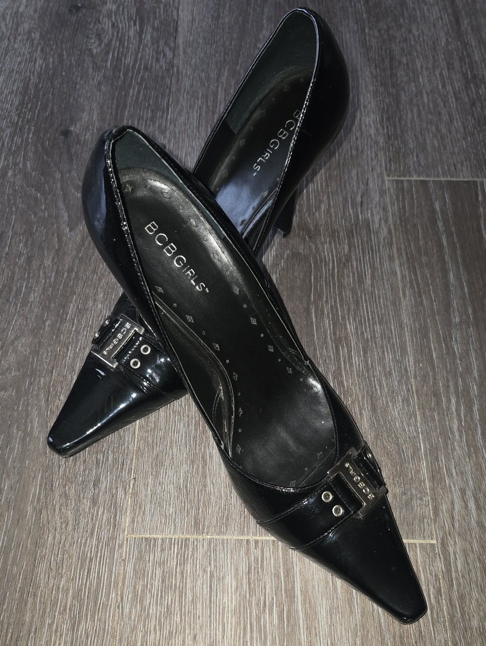 BCBGirls Black Patent Pointed Toe Buckle Pumps